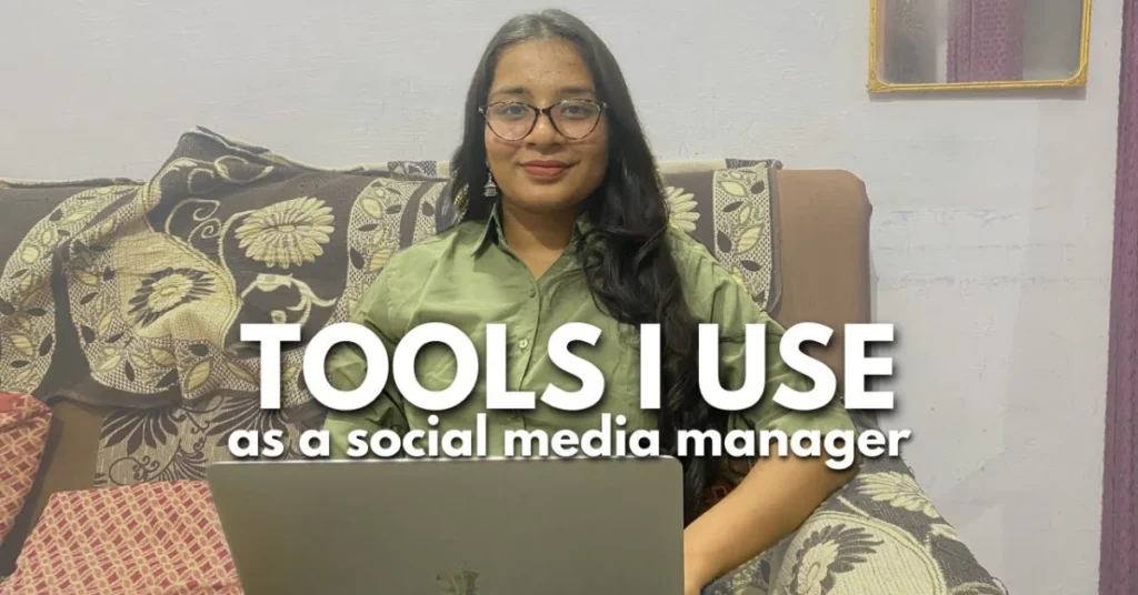 A woman on a couch with a laptop, surrounded by tools she uses as a social media manager.